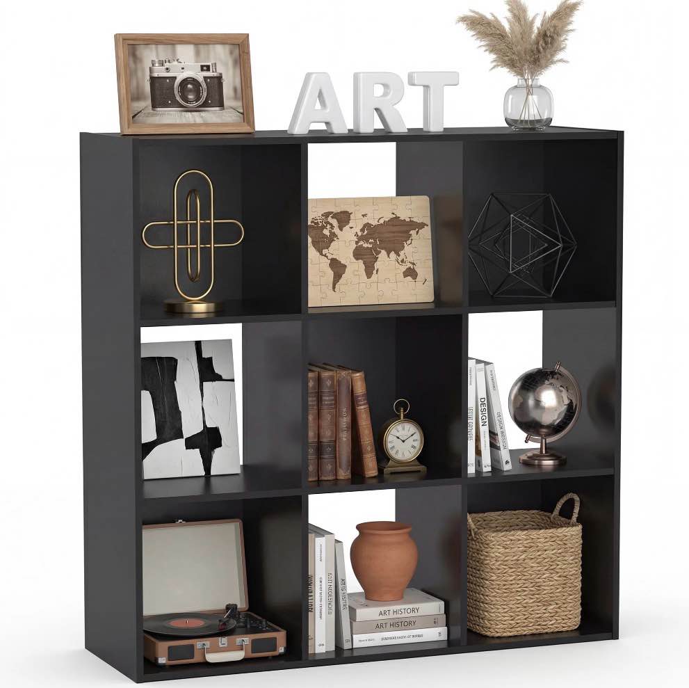 concetta 9 cube storage organizer, open corner bookshelf with removable back panels for living room bedroom office, 36*12*36 inches, black