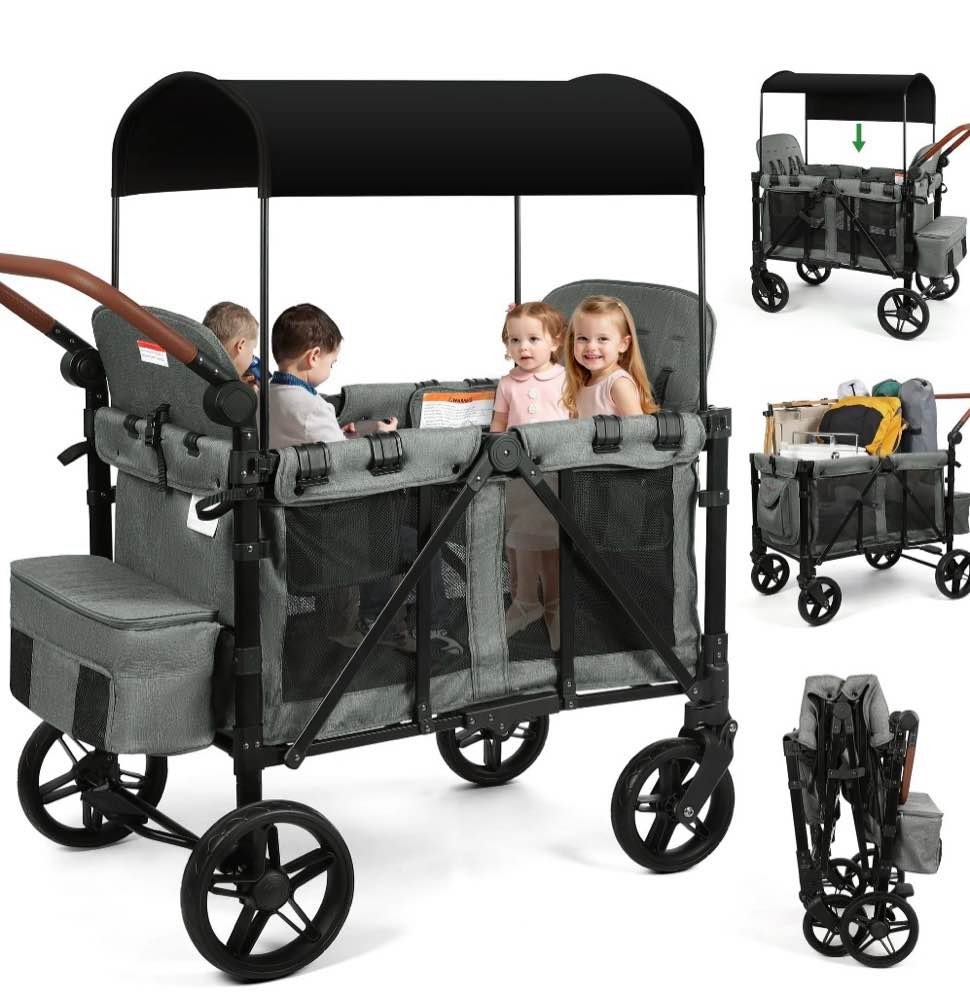 vomeast wagon stroller for 4 kids, 3-in-1 outdoor baby stroller wagon with canopy, 5-point harness, adjustable handlebars, removable seat for toddlers, grey