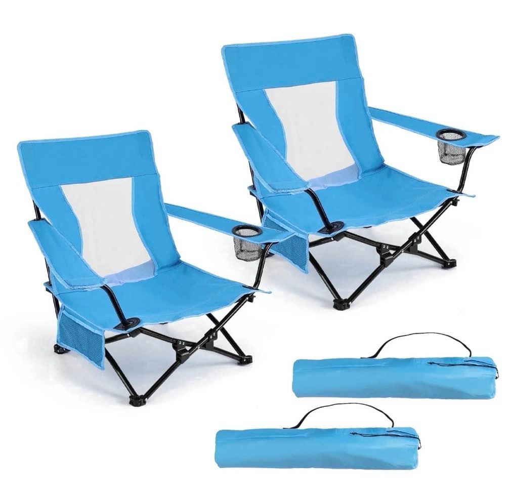 Walchoice Folding Beach Chair for Adults, Low Seat Camping Chair with High Back, Wide Seat Chair with Cup Holder & Carry Bag, Heavy Duty Portable Chair for Outdoor Picnic Travel (2 Pack of Blue)