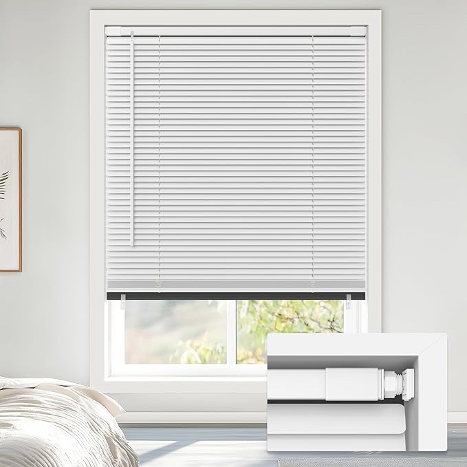 LazBlinds No Tools No Drill Cordless 1  Vinyl Mini Blinds  100% Blackout Blinds for Indoor Windows  Room Darkening Privacy Window Blinds and Shades for Interior  33  W x 64  H  White
