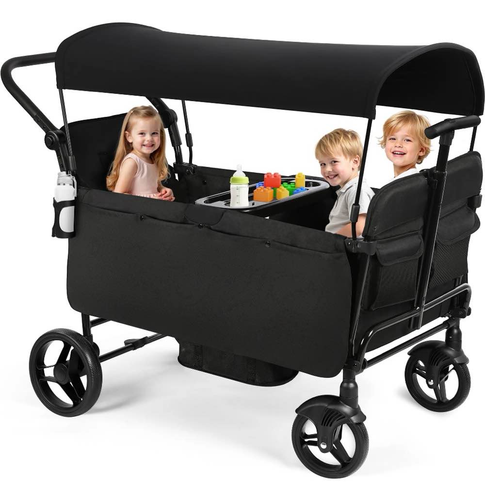 Vomeast Wagon Stroller for Kids,Spacious 4-Seater Stroller Wagon with Adjustable Canopy,Pull & Push Handle,5-Point Harness,Foldable for Toddlers, Black