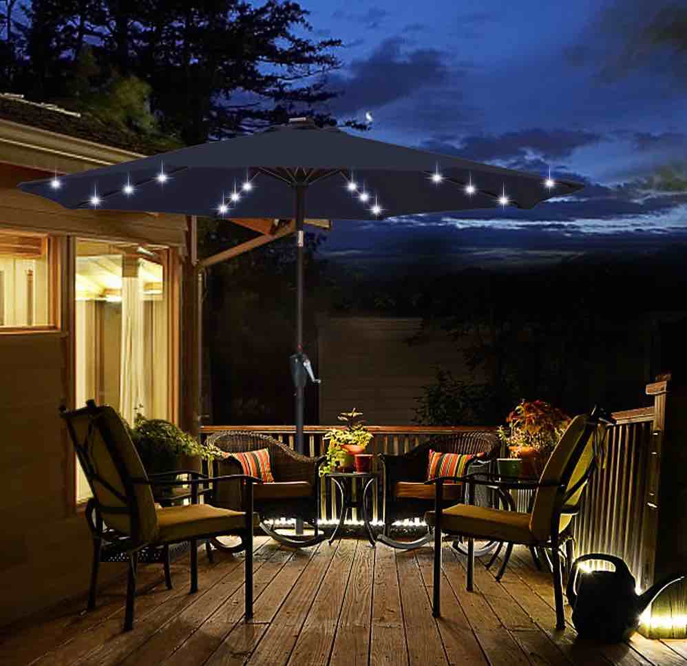 ABCCANOPY 7.5ft Patio Solar Umbrella LED Outdoor Umbrella with Tilt and Crank  Navy Blue