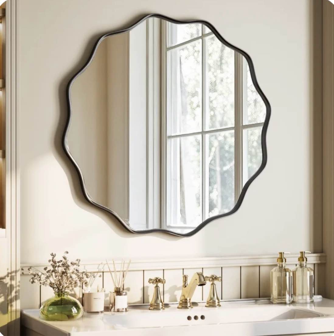 BEAUTYPEAK 30" Wavy Round Bathroom Mirror Wall Decor with Deep Frame, Black