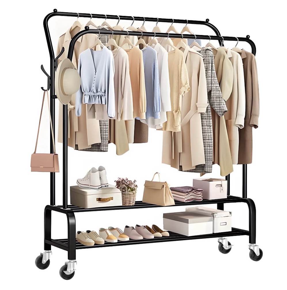 UNTIMATY Clothing Garment Rack Heavy Duty Freestanding Metal Clothes Stand Double Rail 8 Hangers 2 Shoe Shelves  Black
