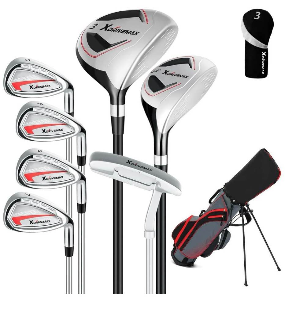 XDriveMax 8-Pieces Complete Golf Club Set Men's Right Handed Set Includes Stand Bag with Rain hood , Fairway Wood Head Covers, Hybrid, Irons and Putter,R