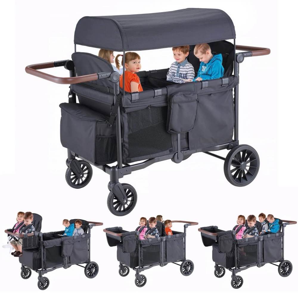 SACVON Toddler Stroller Wagon for 4 Kids with Cooler Bag,Parent Organizer,5-Point Harnesses,Black