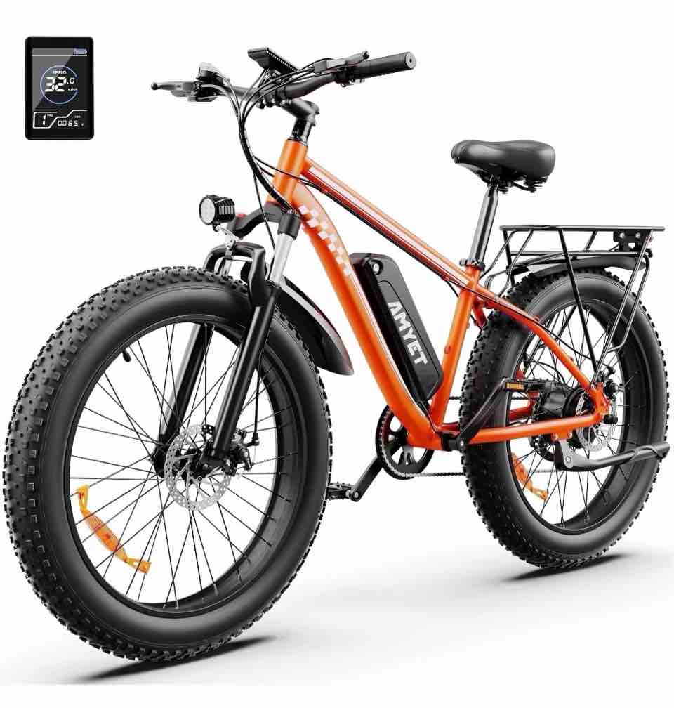 AMYET EB26 1000W Peak 1500W Electric Bike for Adults, 48V 15Ah, 26" Fat Tire Ebike, E-Mountain Bicycle, UL2849