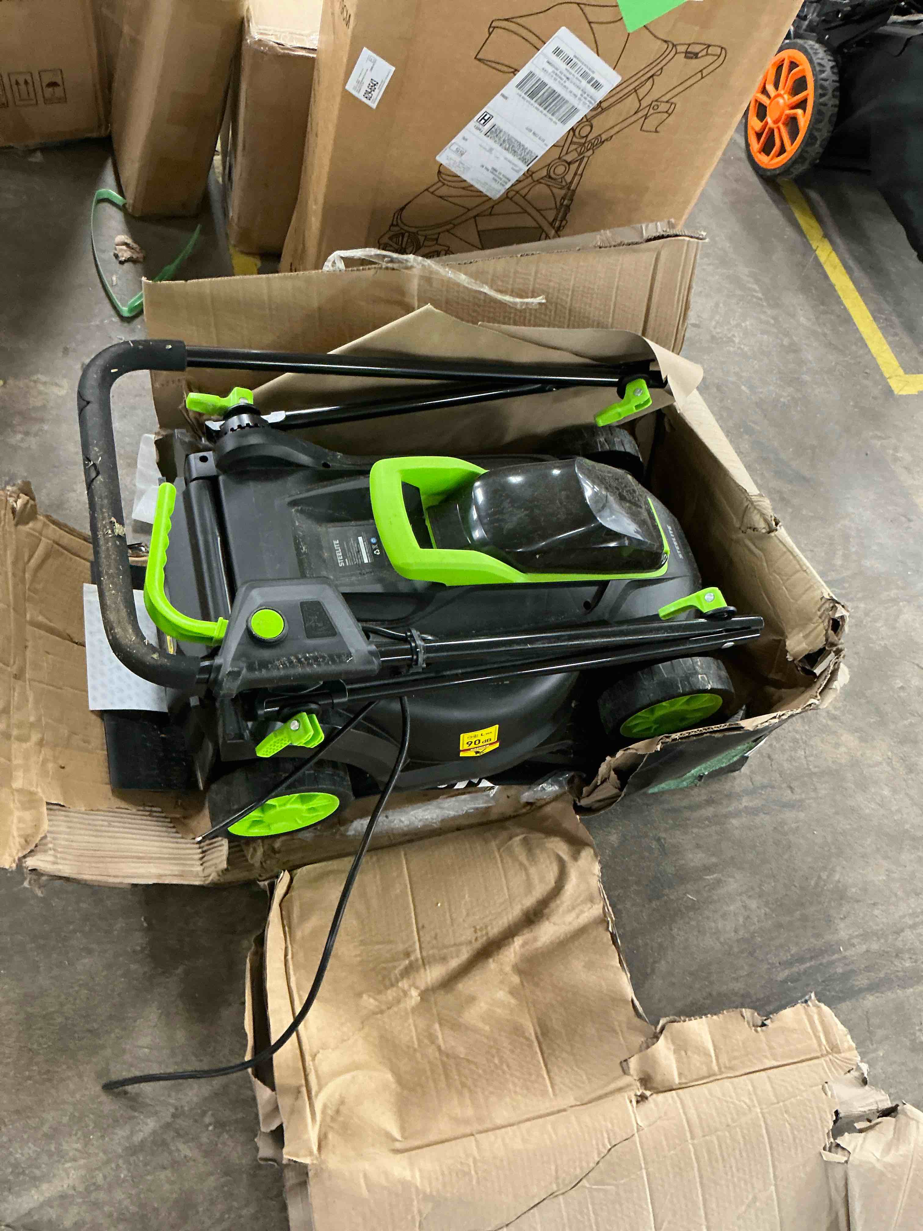Condition photo showing As Is for steelite 13-inch cordless lawn mower, 21v electric lawn mowers with brushless motor for garden,5 heights adjustment, 4.0ah battery & charger included