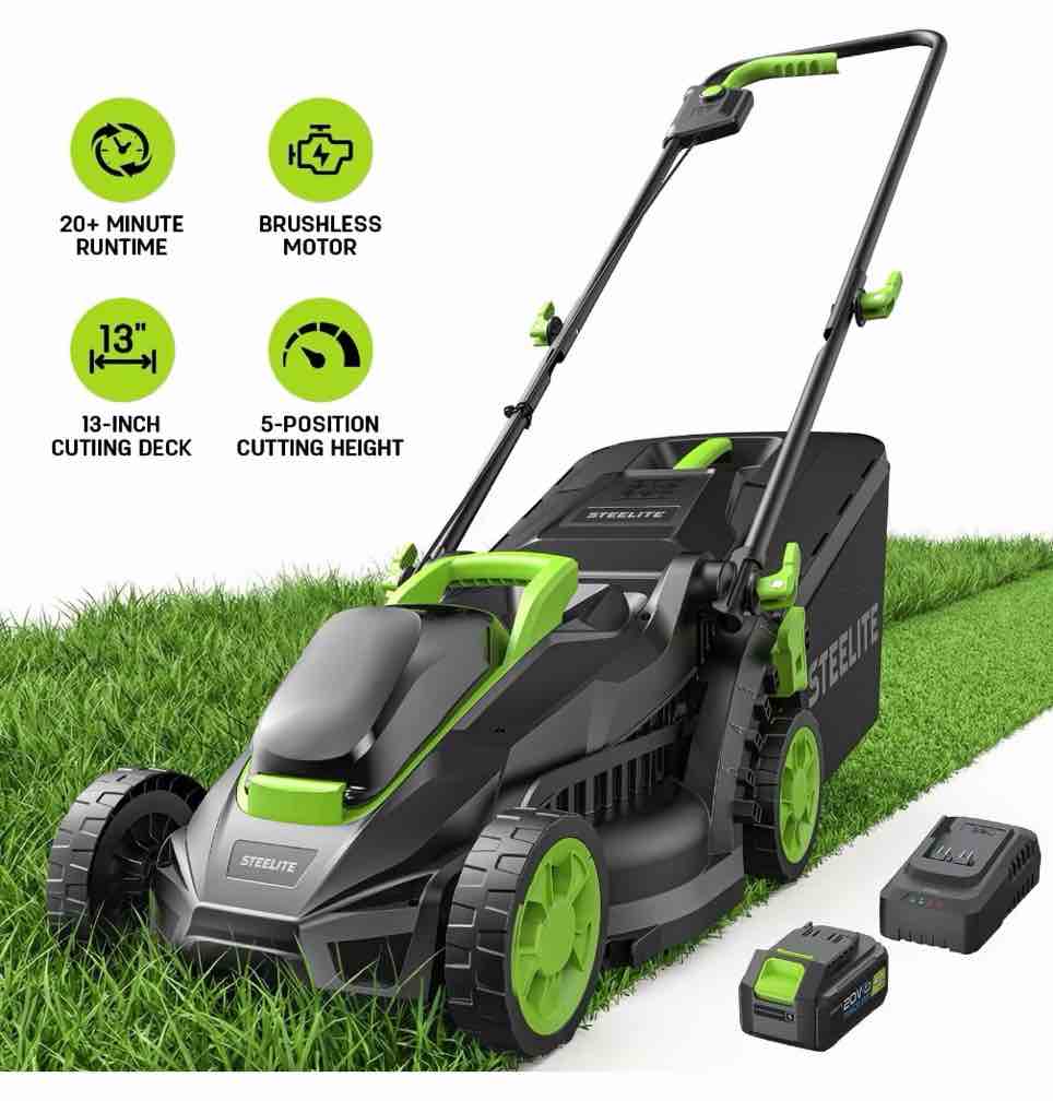 steelite 13-inch cordless lawn mower, 21v electric lawn mowers with brushless motor for garden,5 heights adjustment, 4.0ah battery & charger included