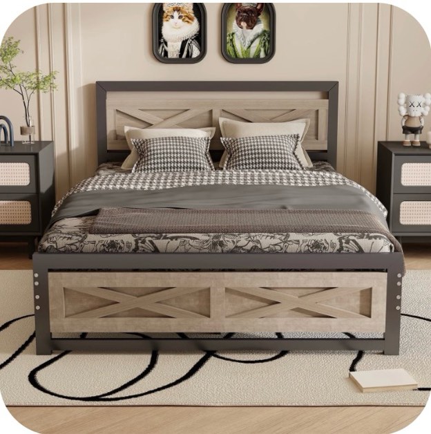 Condition photo showing Good Condition for behost full size bed frame, farmhouse wood metal platform full bed frame with headboard and 11" underbed storage