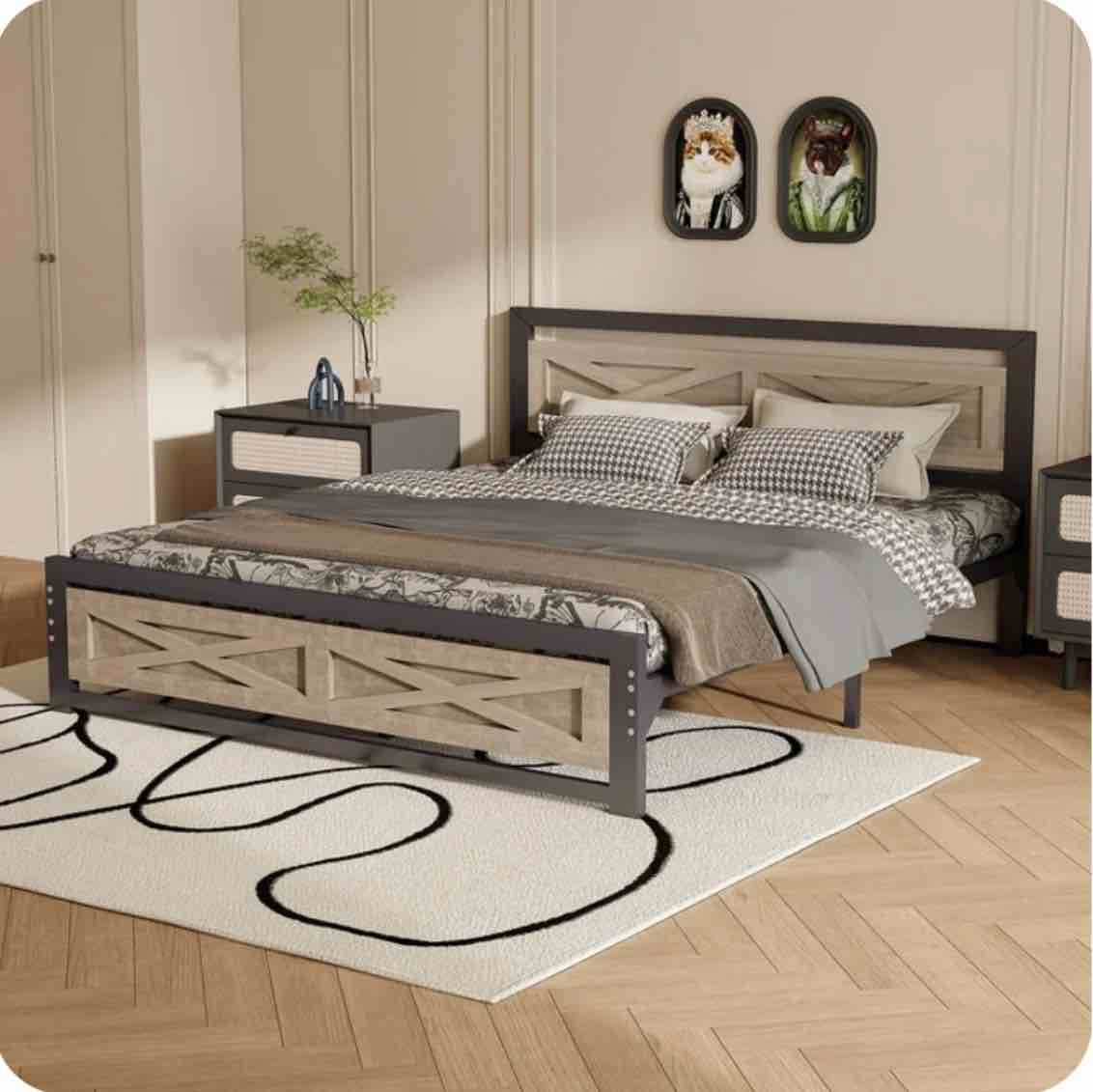 behost full size bed frame, farmhouse wood metal platform full bed frame with headboard and 11" underbed storage