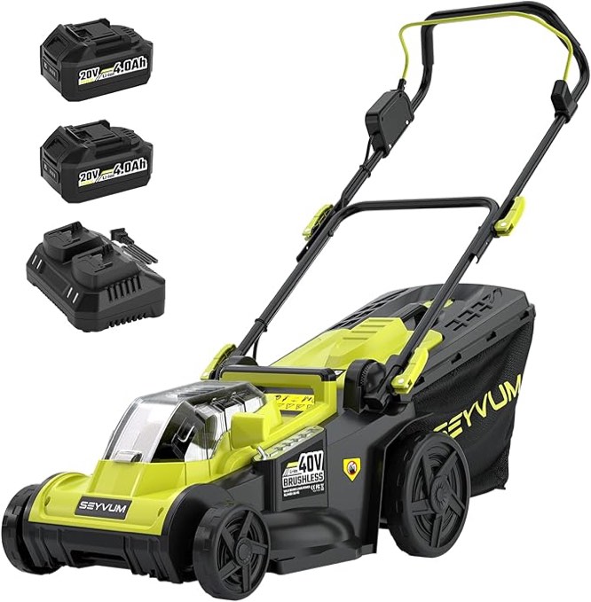 SEYVUM 40V 16-inch Cordless Lawn Mower with 45L Grass Collection Bag, 6 Position Height Adjustment Electric Lawn Mower, 2 x 20V 4.0Ah Battery PowerA Fast Charger Included