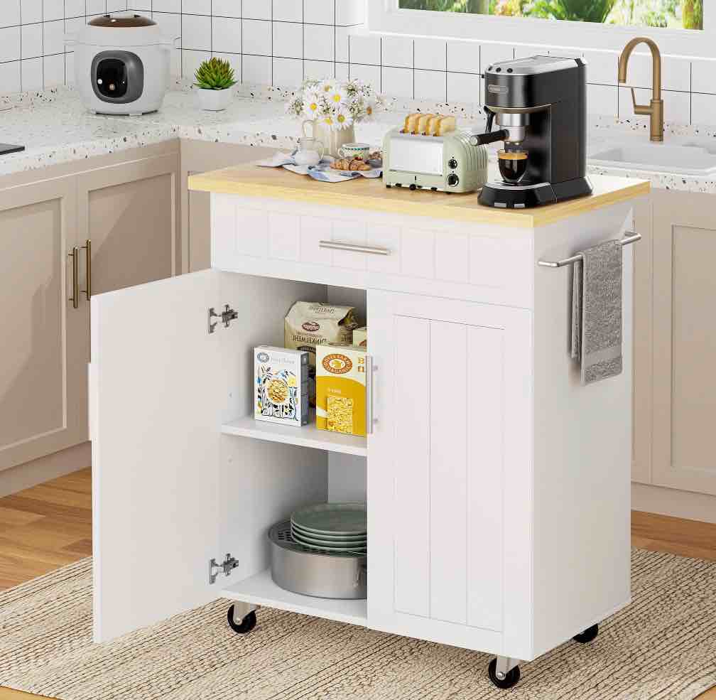 walsunny kitchen island table stand with storage on wheels,rolling kitchen cart storage cabinet with drawer,white 26-inch