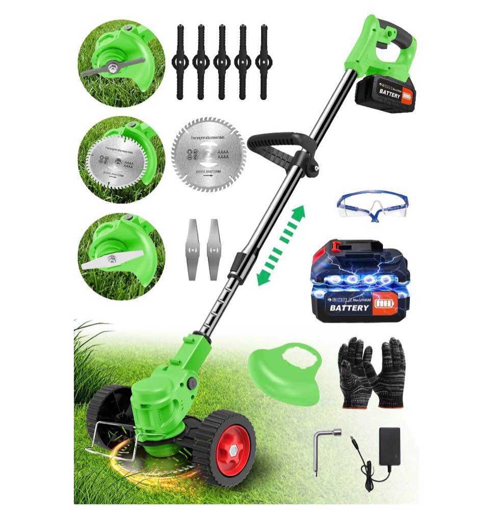 tntants weed wacker cordless, 3-in-1 lightweight electric string trimmer with 3 types of blades, wheels, 24v battery, weed eater grass trimmer/edger/brush cutter for lawn yard garden (green)