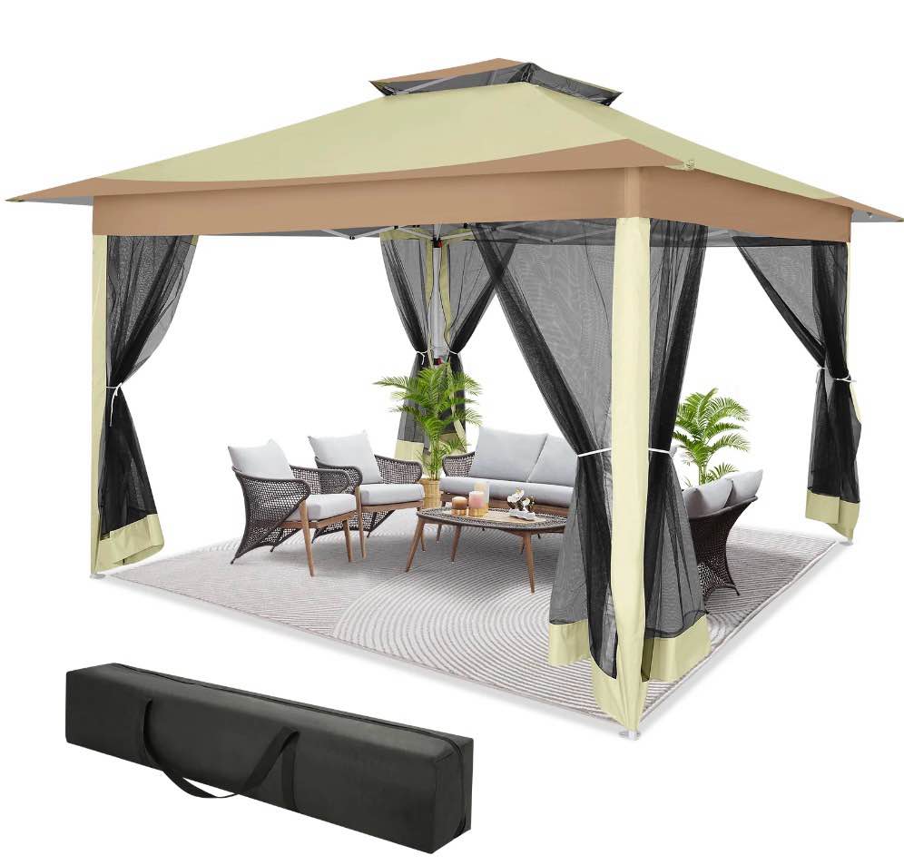 cobizi 12x12 outdoor gazebo pop up gazebo canopy with mosquito netting patio tent backyard canopy with 2-tiered vented top 3 adjustable height, beige