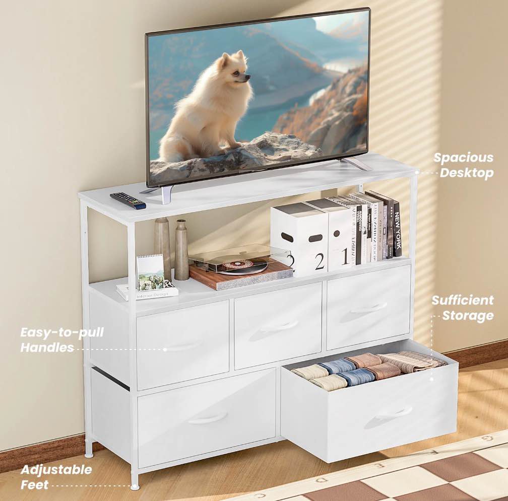 concetta tv stand with 5 drawer dresser for bedroom, storage cabinet with 55 inch tv stand for living room, white