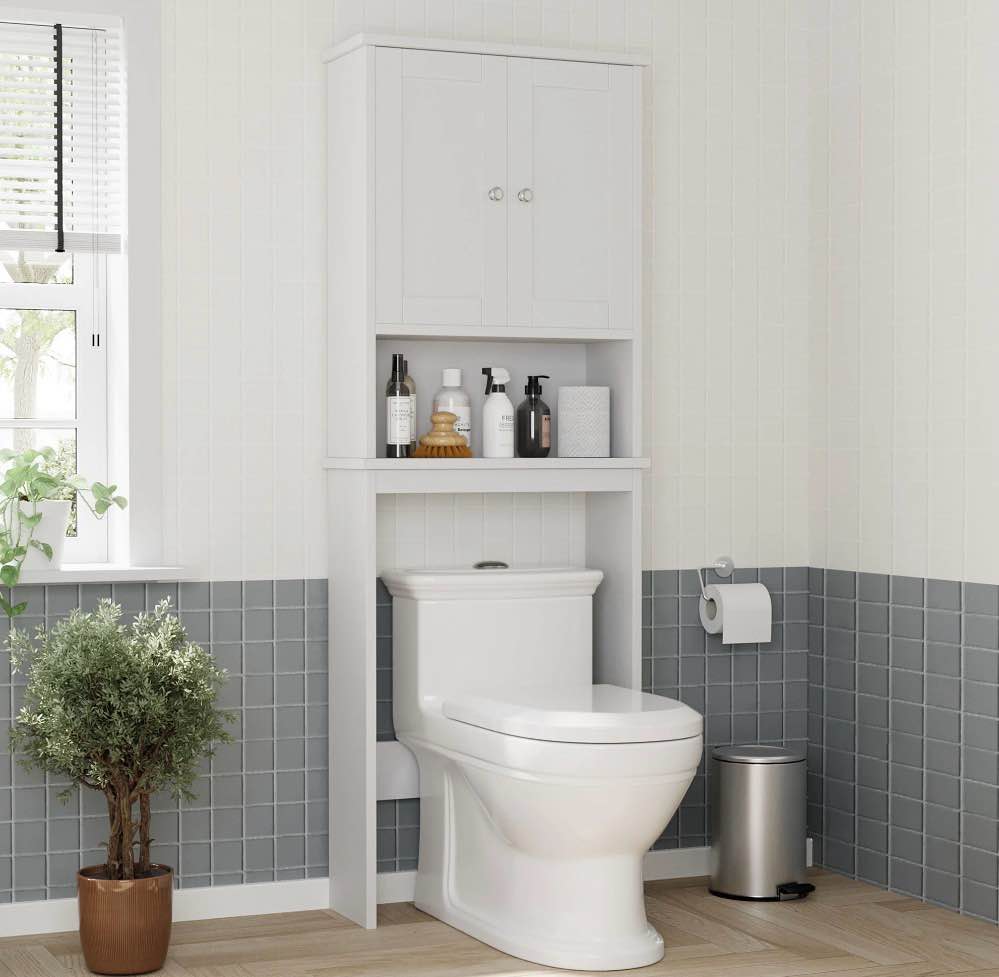 walsunny over the toilet storage cabinet bathroom shelves organizer space saver freestanding restroom shelf with doors anti-tip device adjustable shelf white