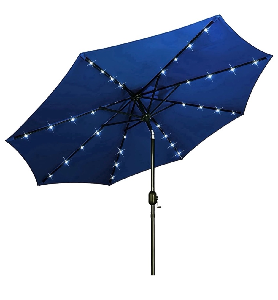 wlljoy 9ft solar patio umbrella, tilt adjustment led outdoor umbrella with 8 reinforced ribs for garden, backyard, pool, deep blue