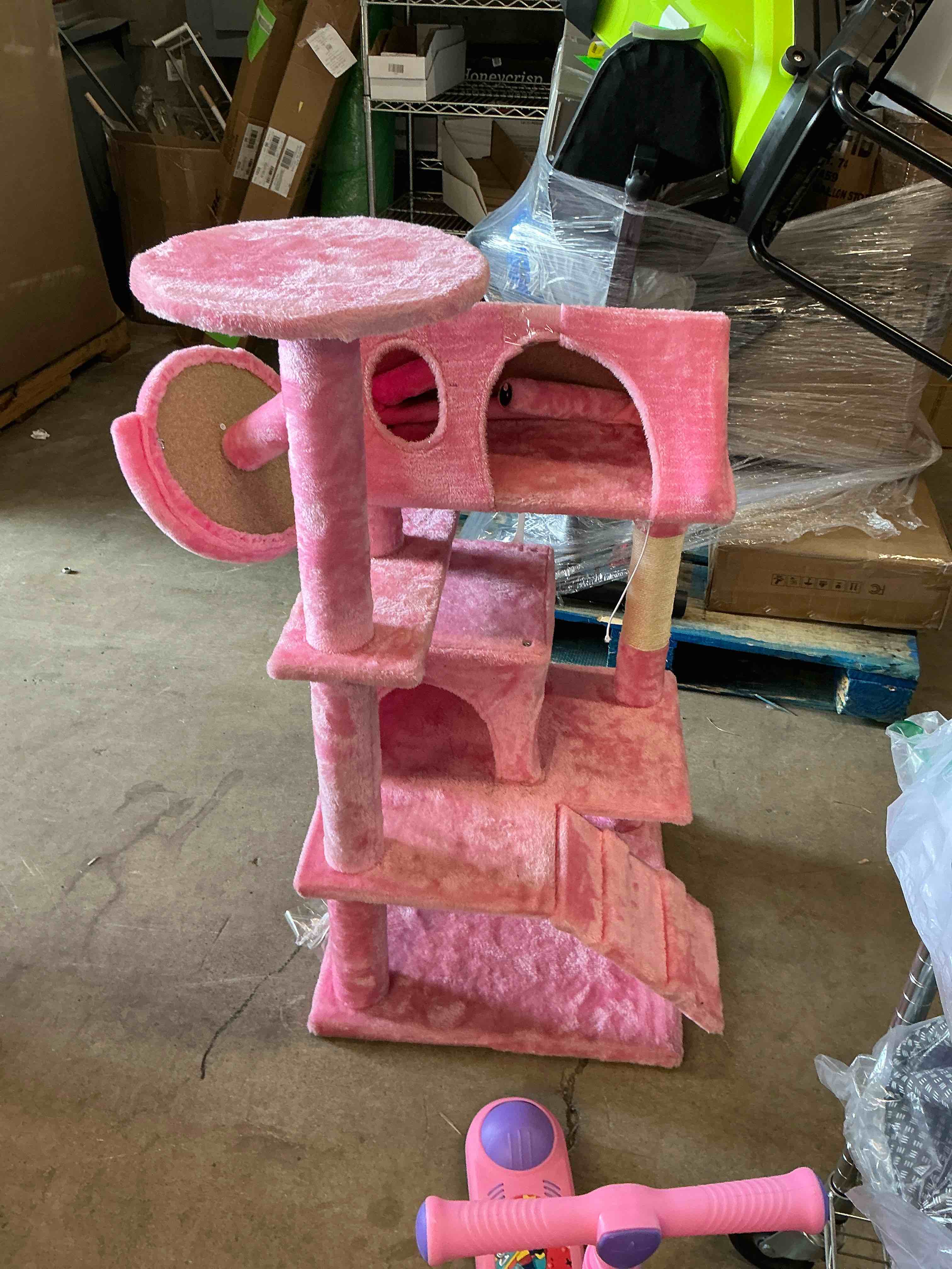 Condition photo showing As Is for concetta 54in cat tree for indoor cats, multi-level cat tower with sisal scratching post, large perch, cat condo, pink