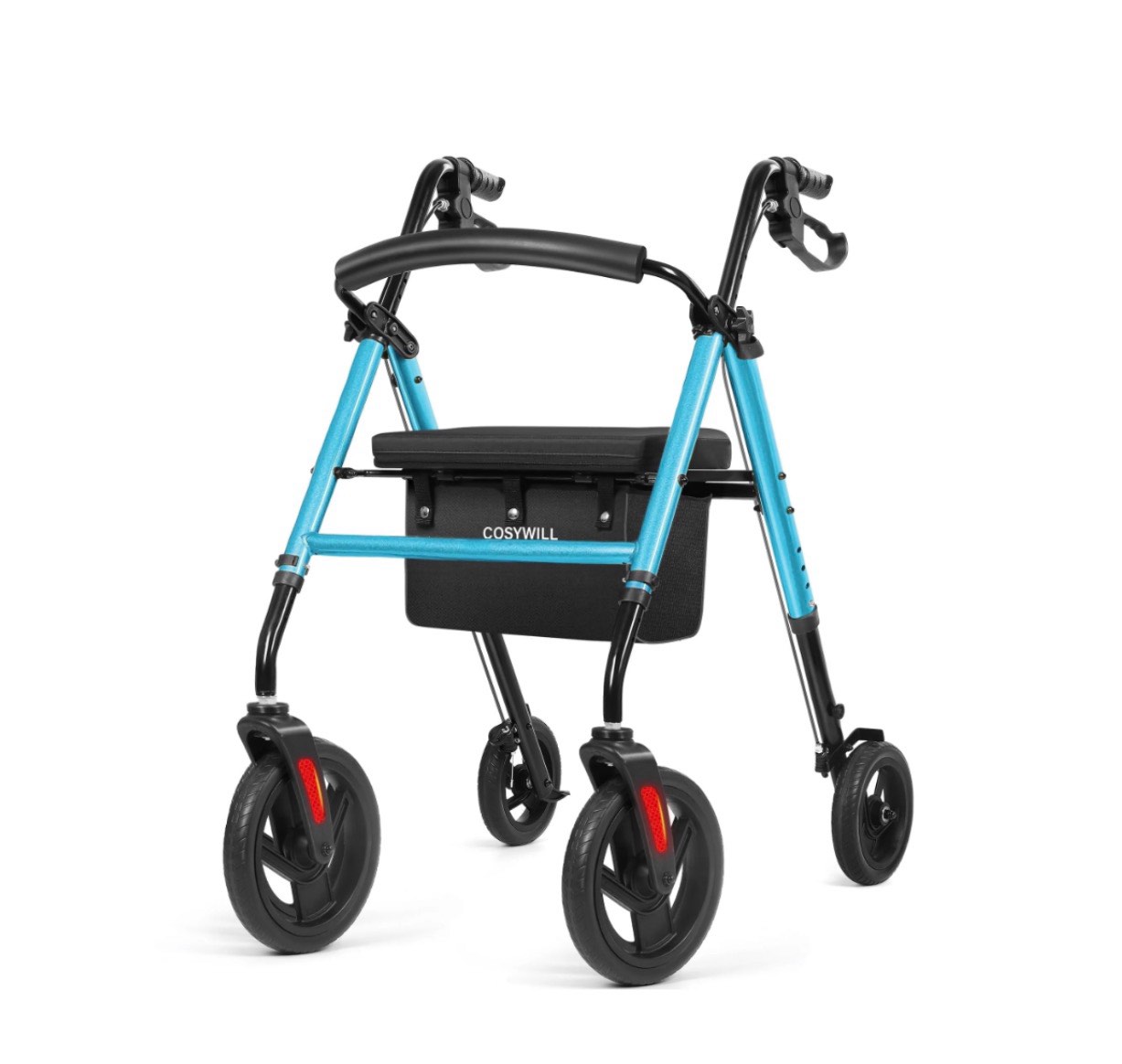 cosywill rollator walker with seat,foldable walkers for seniors,mobility walkers with 10'' big wheels,adjustable handles and seat height,blue
