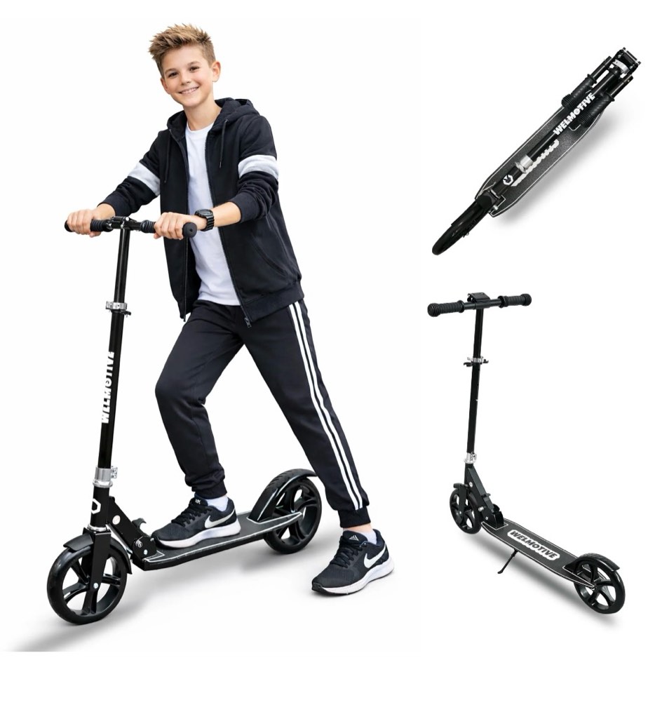welmotive scooter for kids ages 6+, teens & adults, lightweight kick scooter 3 adjustable heightand rear brake, big wheel foldable scooter for indoor & outdoor.