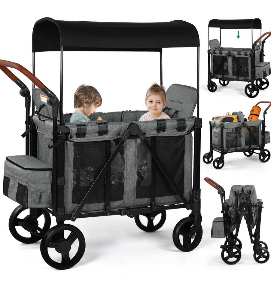 vomeast wagon stroller for 2 kids, 3-in-1 outdoor baby stroller wagon with canopy, 5-point harness, adjustable handlebars, removable seat for toddlers, grey