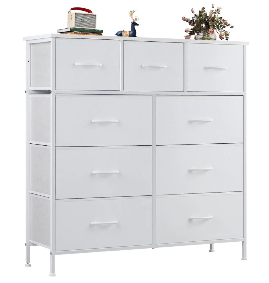 edx fabric storage dresser with 9 drawers, steel frame and wooden top for bedroom, closet and entryway , white