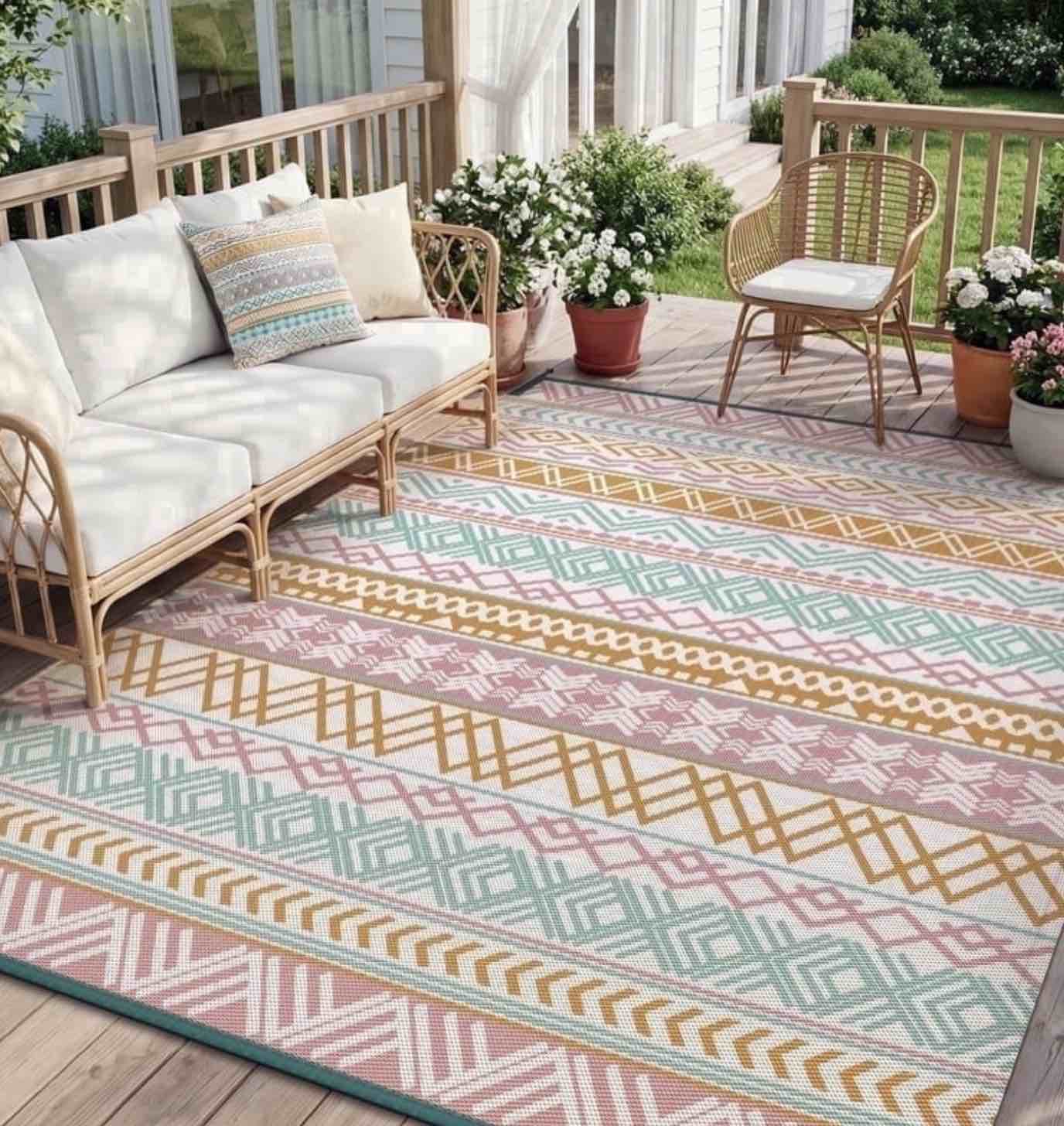 sixhome outdoor rug 9'x12' waterproof reversible patio rug boho geometric indoor outdoor rugs lightweight plastic straw ourdoor carpet for rv camping deck balcony modern porch decor orange and pink