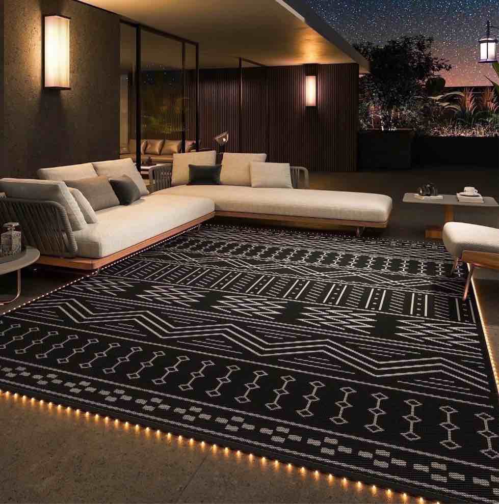 sixhome outdoor rug with led strip lights 8 x10 waterproof patio rug reversible indoor outdoor rug lightweight plastic straw rug for rv camping deck balcony boho porch decor dark grey and white
