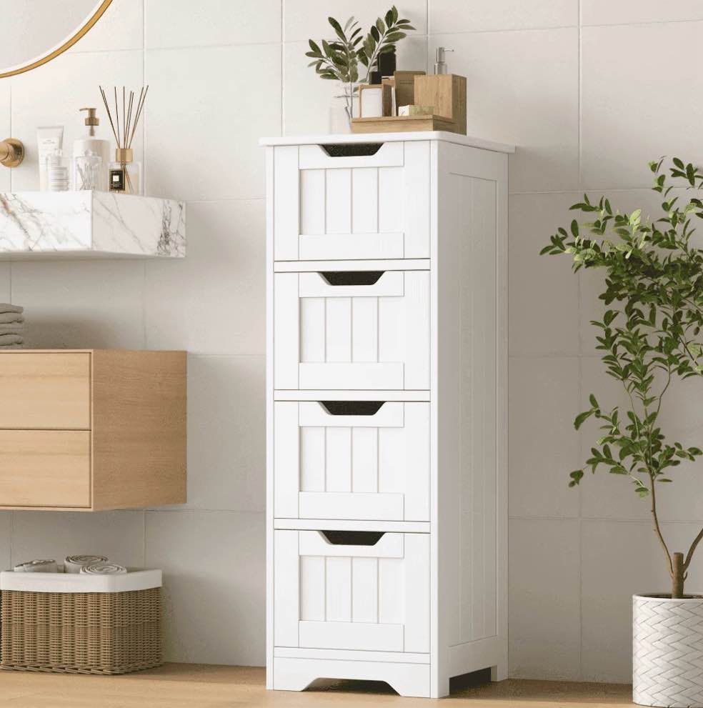 Homfa Bathroom Storage Cabinet  Free Standing Narrow Cabinet with 4 Drawers Entryway Storage Organizer for Living Room Bedroom  White