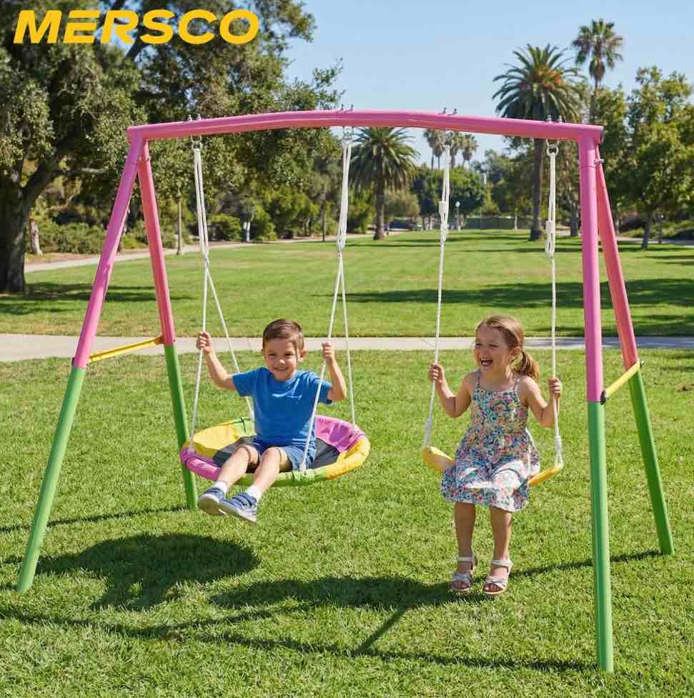 Mersco 2-in-1 Swing Set for Backyard with Stand, Swing Heavy Duty 440lbs Metal Outdoor Swing Stand, Contain 1 Saucer 32" & 1 Belt Seat 26.2" for Playground, Backyard Playset,Pink