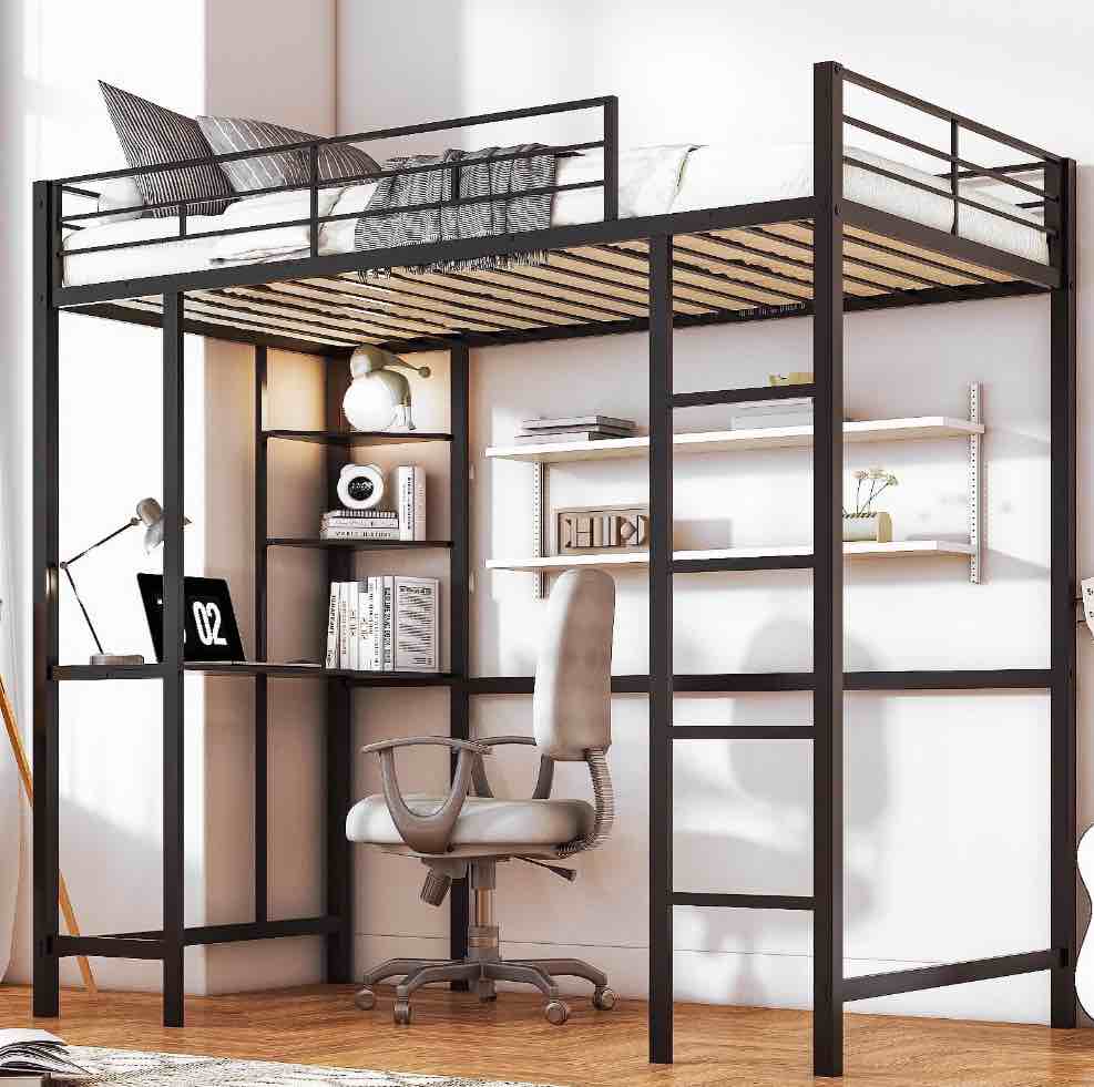 Zimtown Twin Loft Bed with Desk, Metal Bunk Bed, Black