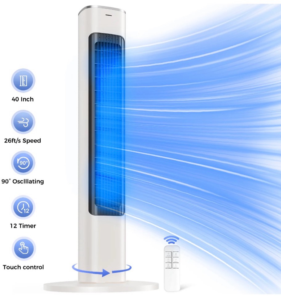 Tower Fan  40  Electric Fan for Bedroom  90° Oscillating Stand Fan with Remote  4 Speeds  26ft/s  12H Timer  28dB  Bladeless Cooling Fans for Home