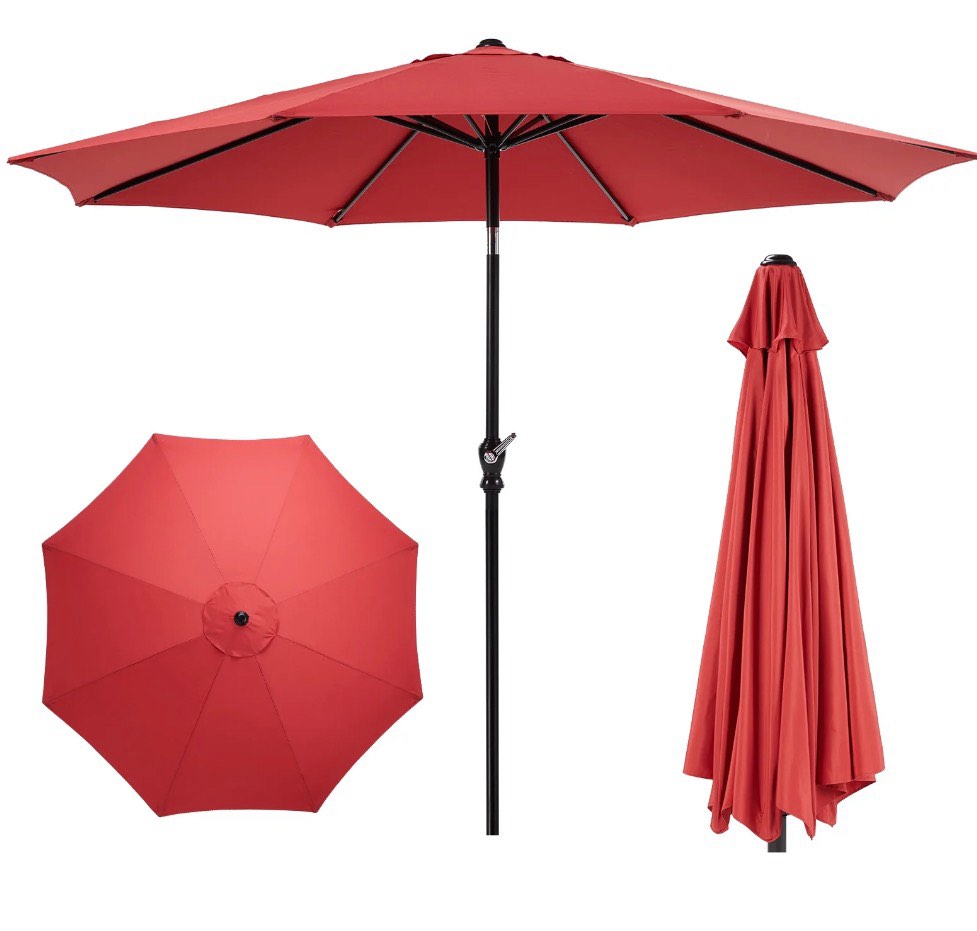 EDX 9FT Outdoor Patio Umbrella with Push Button Tilt and Crank Handle, Market Umbrella with 8 Sturdy Umbrella Ribs, UV Protection, Waterproof, Red