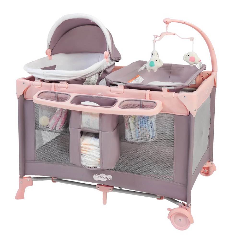 pamo babe 4-in-1 baby playard with bassinet & changing table for newborn,4-panels playpen