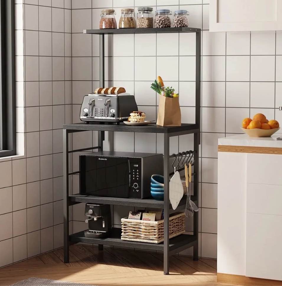 cheflaud kitchen baker s rack storage shelf microwave cart oven stand coffee bar with side hooks 4 tier shelves(black)