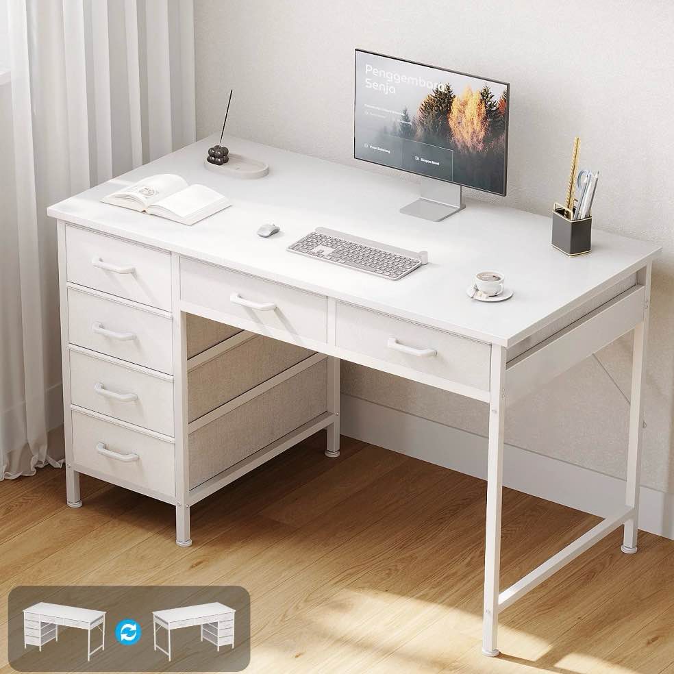 casacomoda 40" home office desk with 6 drawers, modern computer desk with small space, corner computer desk, pure white