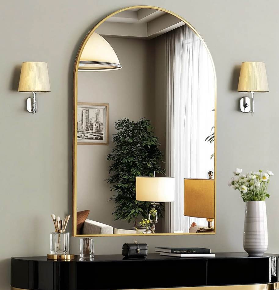 edx 26 x38 arched bathroom mirror wall mounted mirror with aluminum alloy frame bathroom mirror for living room bedroom bathroom and entryway gold