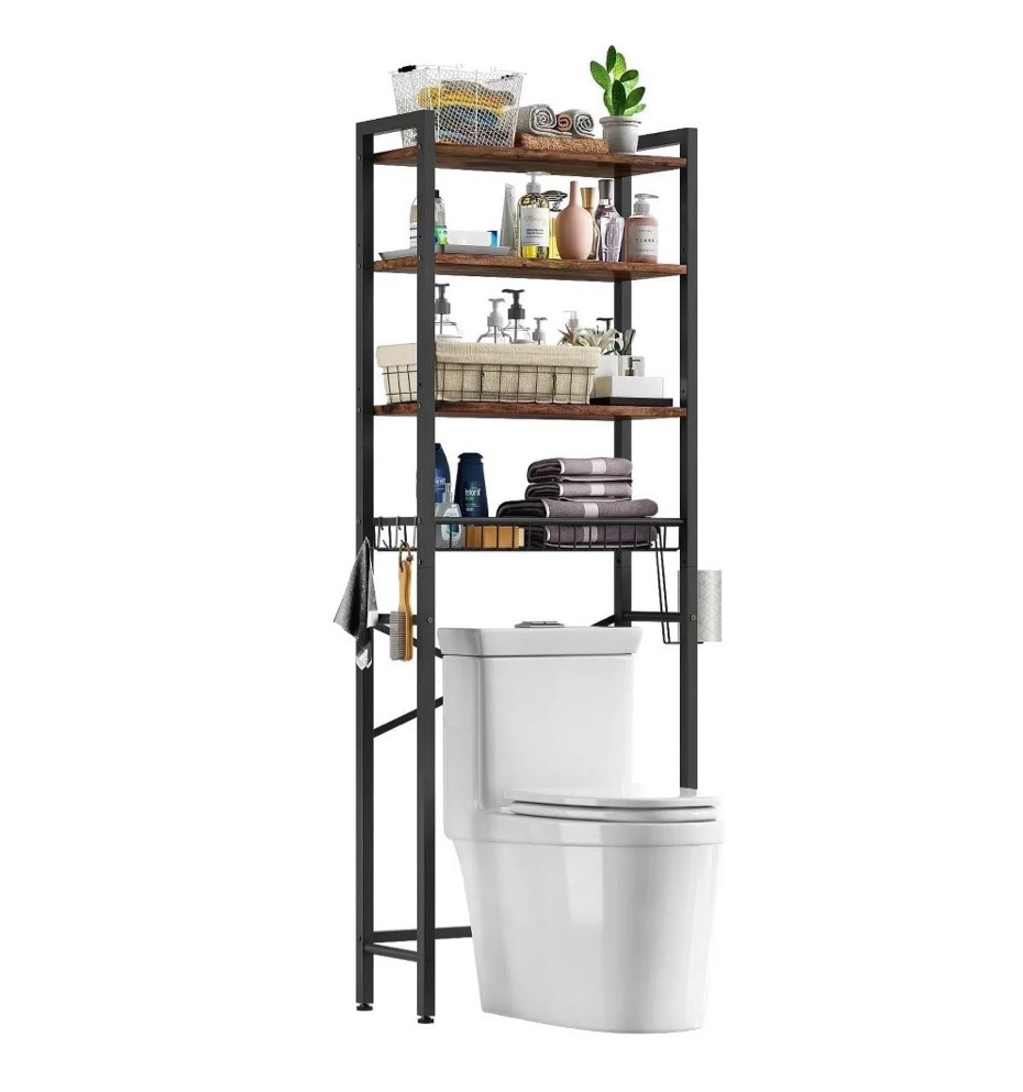 biemlerfn over the toilet storage shelf, 4-tier wooden bathroom organizer adjustable saver space rack with toilet paper holder, brown one size