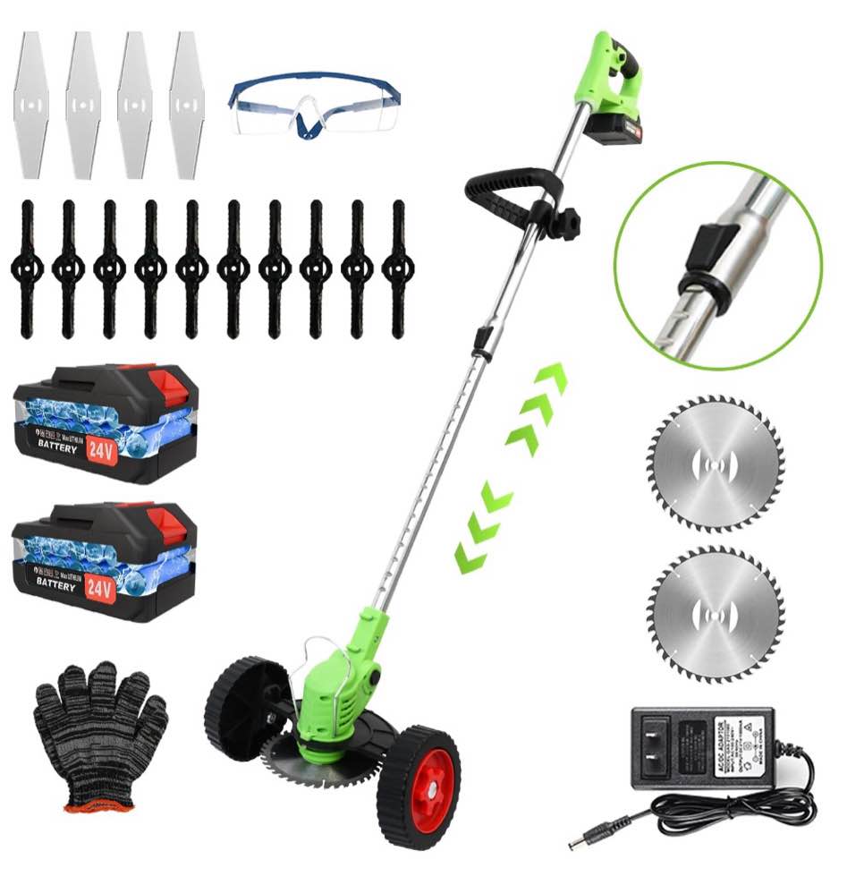 24v 650w electric grass trimmer with battery, cordless weed eater with wheels, electric weed wacker, lawn mower cordless pruning cutter weed wacker garden trimming tool