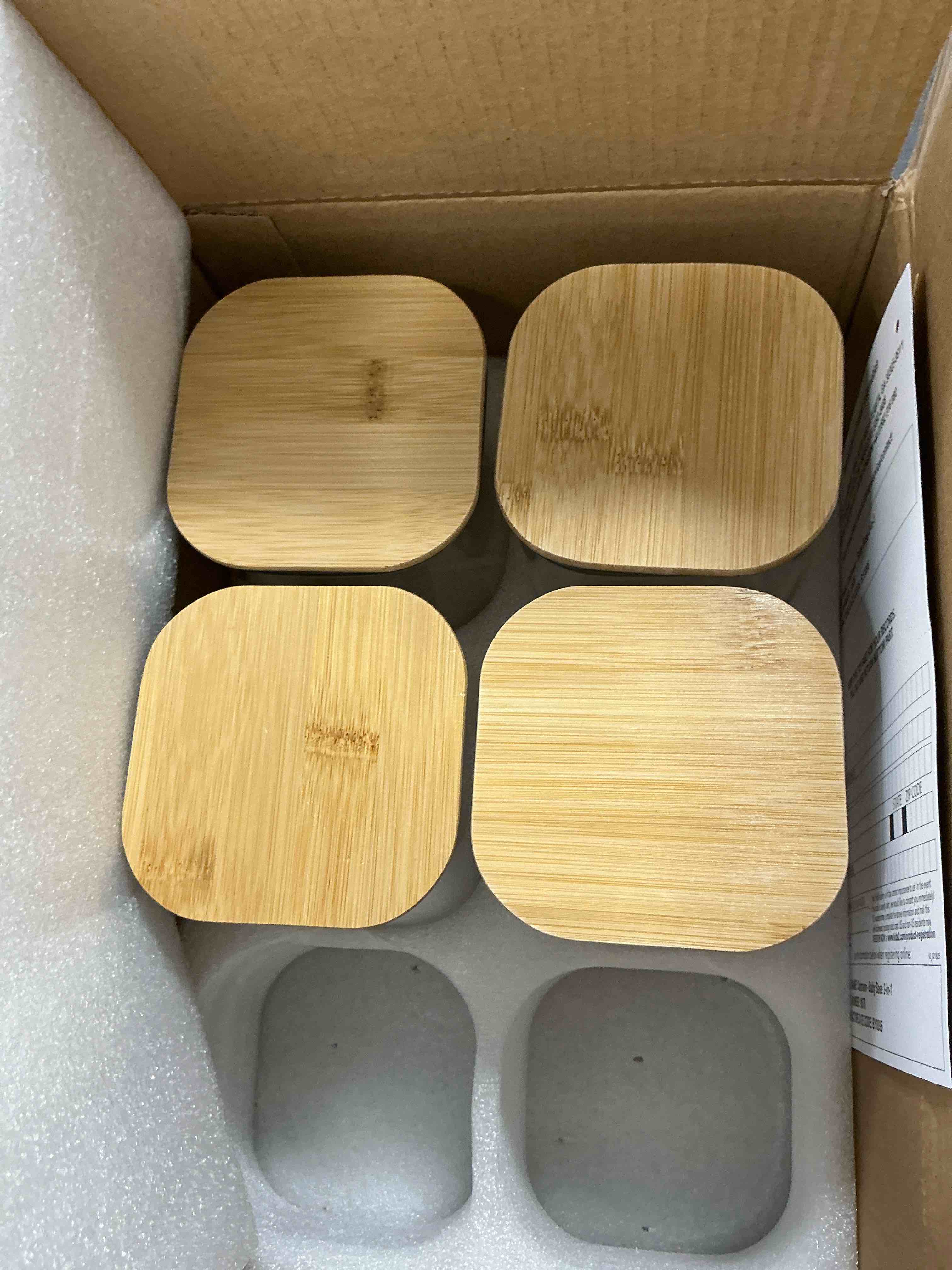 Condition photo showing Good Condition for glass food storage jars 37 oz set of 4,glass storage containers clear glass food canister with bamboo lid airtight for serving tea, coffee, flour, sugar, candy, cookie, spice and more (square) 37 ounces 4