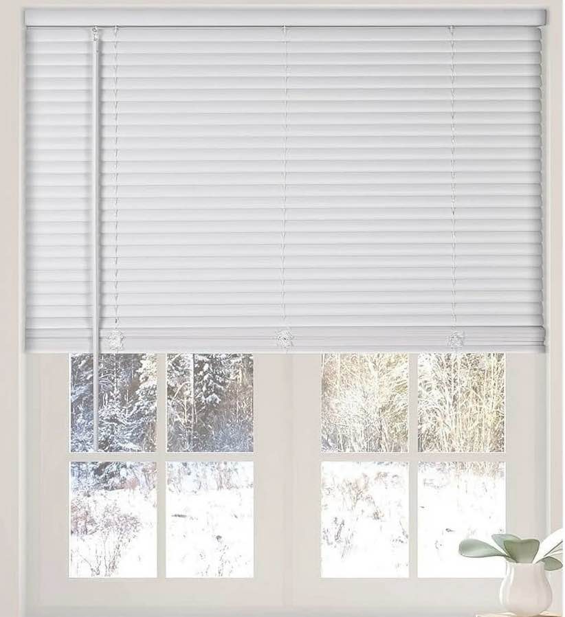 calyx interiors cordless white 1” light filtering mini blinds 34.5 w x 36 h window blinds for home  vinyl horizontal blinds for indoor windows