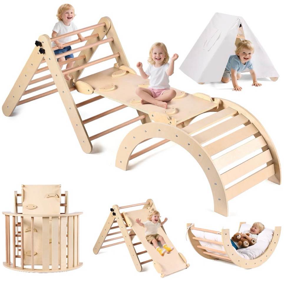 lookfly 8 in1 pikler triangle set foldable baby climbing toys for toddlers 1-6 inside with ramp,toddler climbing toys indoor baby gift