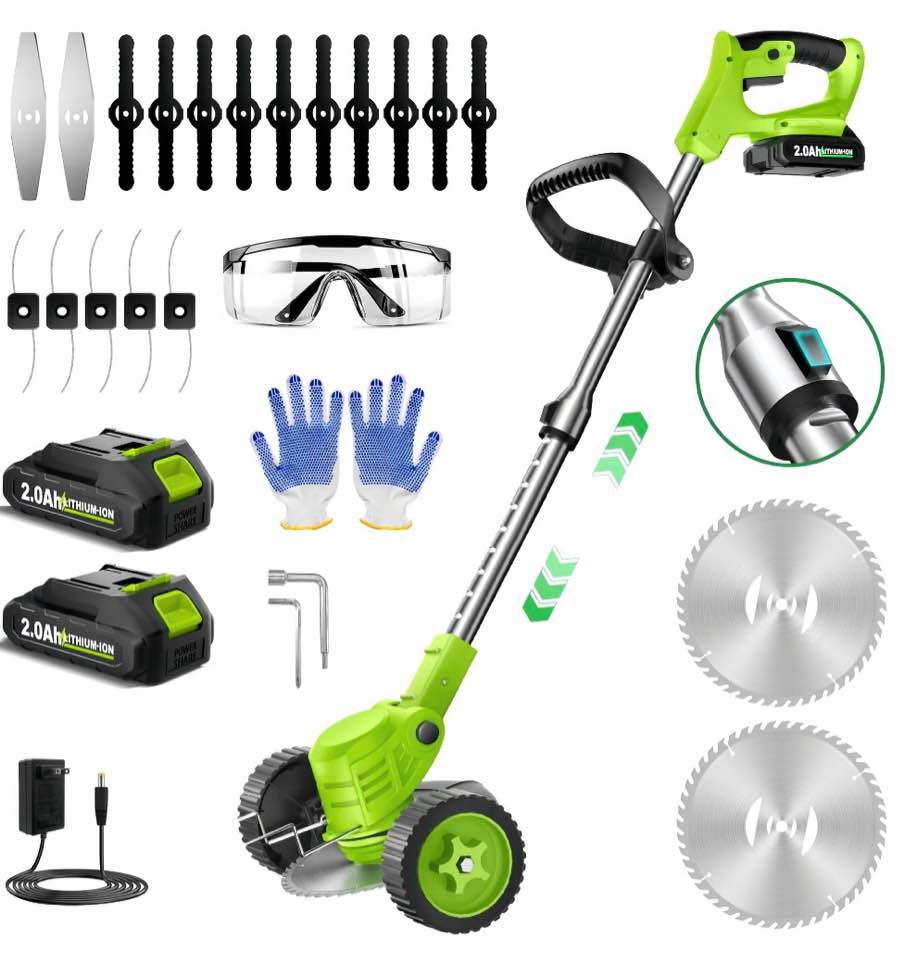 teblint 800w electric weed wacker, cordless string trimmer, weed eater grass trimmer/edger/cutter with wheels, 2pcs 21v batteries, 4 types of blades, adjustable length for lawn yard garden (green)
