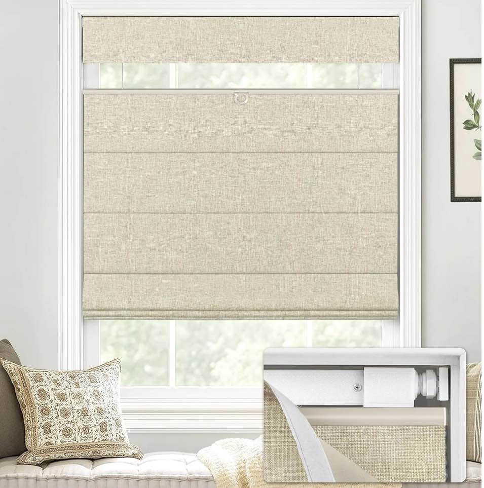 lazblinds no tools no drill tdbu cordless roman shades for window thermal insulated uv blocking 100% blackout fabric blinds for bedroom & living room 27 w x 64 h blackout - beige