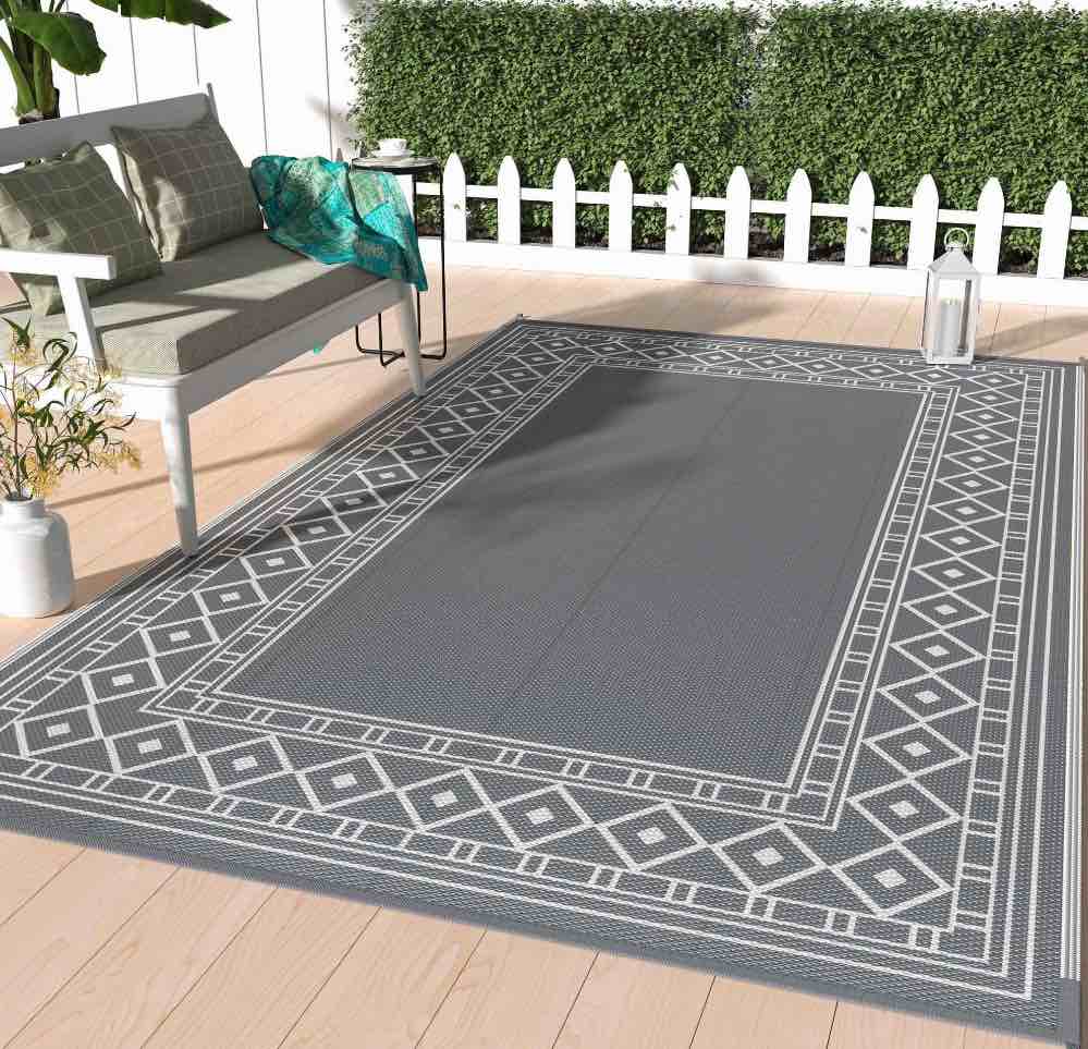 DEORAB 10 x14  Outdoor Rugs Patio Waterproof Outside Mat Reversible Plastic Camping Carpet Grey & White