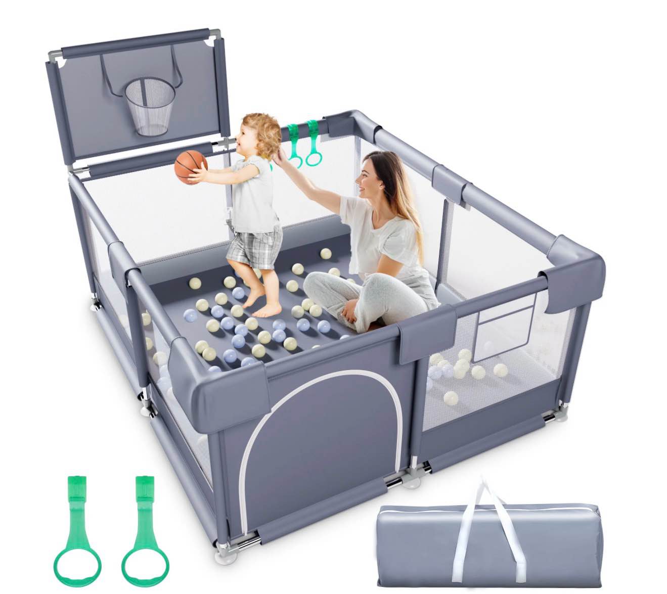 Babyeap Baby Playpen, Play Yard, Toddlers Playards, 50"x50" Infant Travel Fence with Basket, Gray