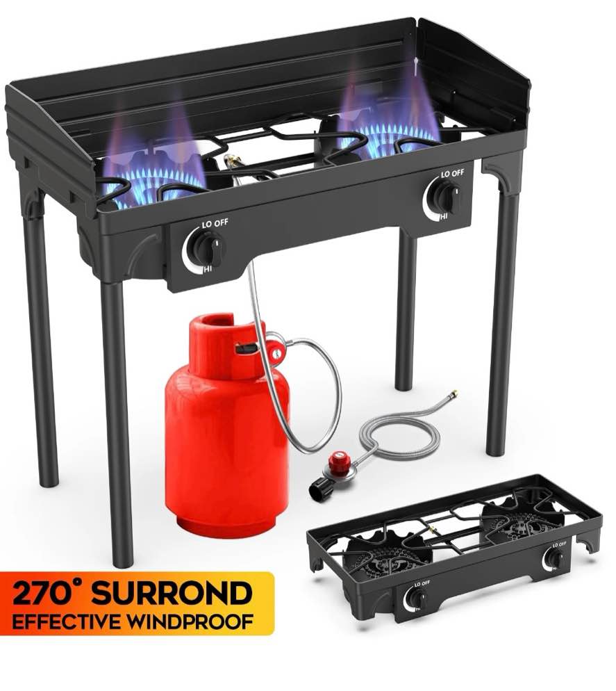 LNOW Gas Cooker Outdoor Propane Camping Stove with Wind Panel Picnic Stove Stand BBQ Grill Portable 150000 BTU Gas Stove 2 Burner for Camping