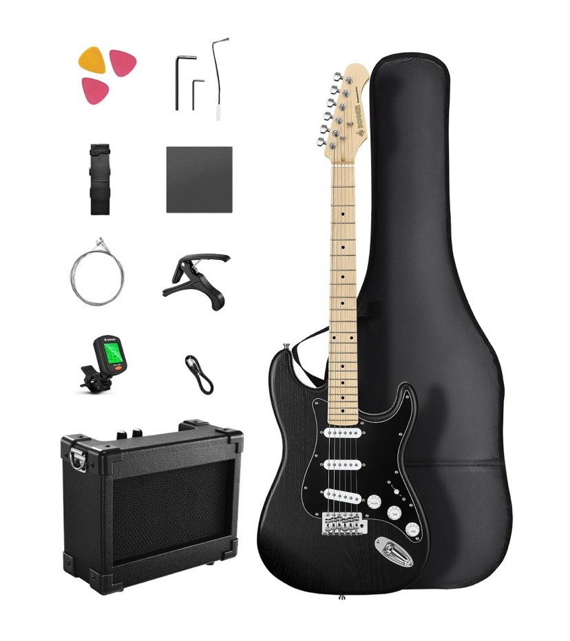 Donner Electric Guitar Kits for Beginner Right Hand S-S-S Pickups Strater Sets  Black