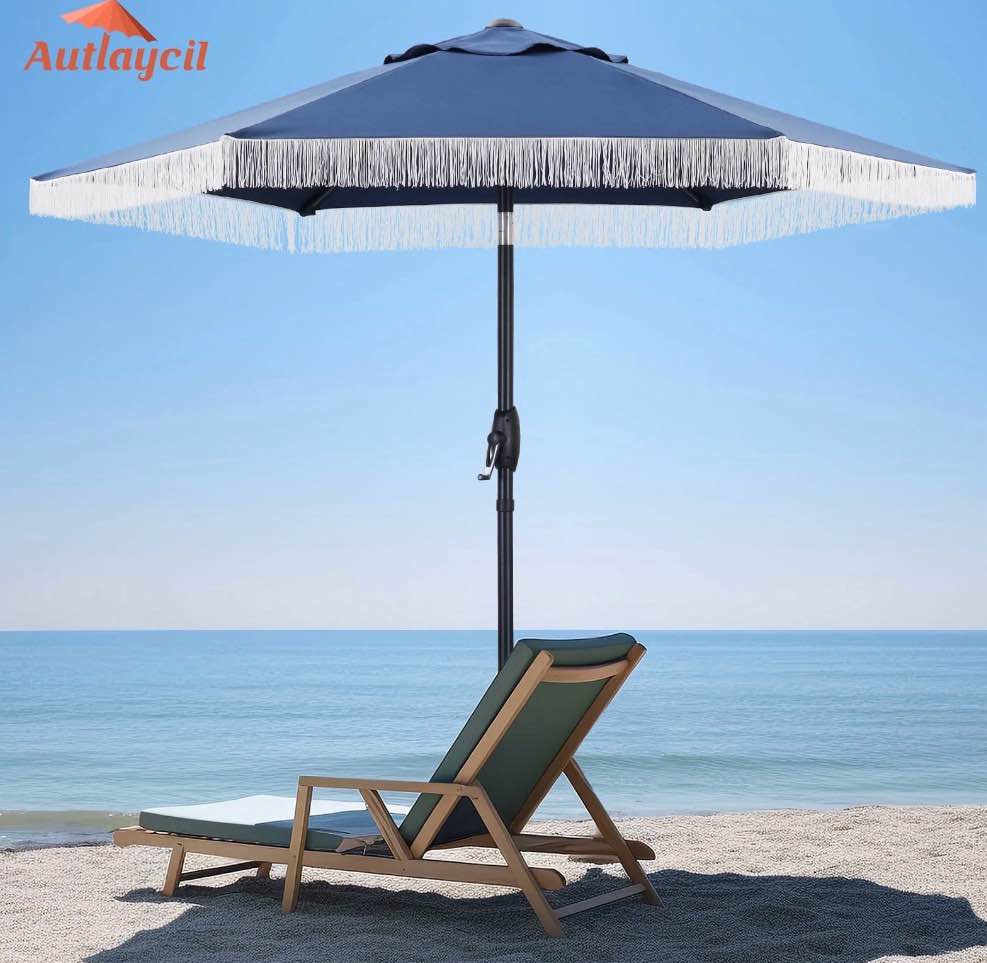 Autlaycil 7.5 ft Patio Umbrella with Fringe for Beach  Pool  and Yard - Navy Blue